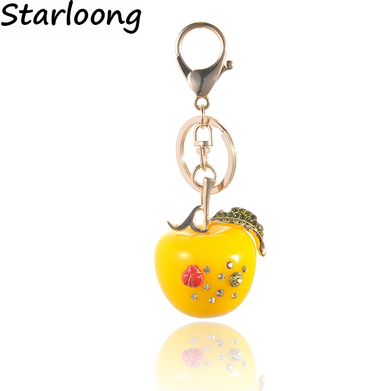 High Quality Drip Alloy Keychain Chaveiro drop oil Glaze apple gold-color rhinestone beads crystal KeyChain stainless Key Ring