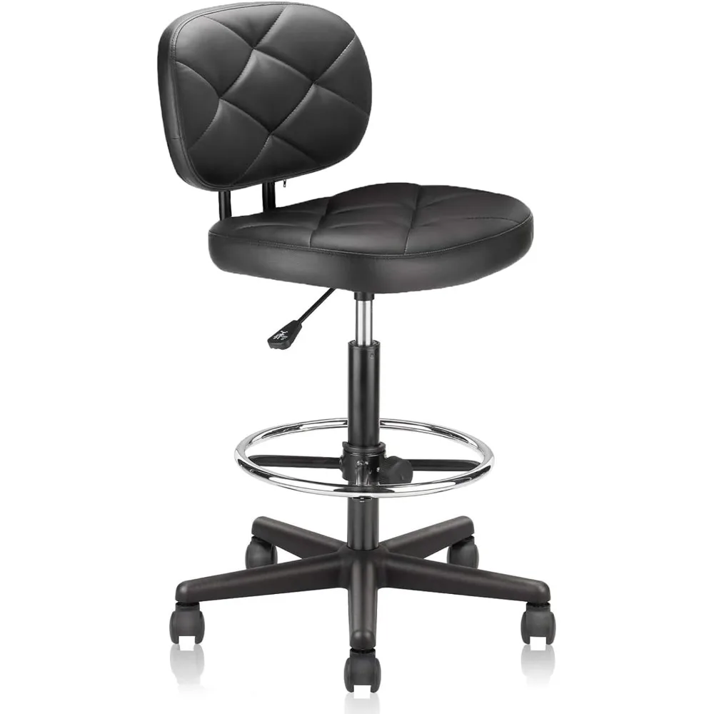 

PU Leather Rolling Bar Stool with Wheels and Back, Tall Drafting Stool with Adjustable Height and Footrest, Multi-Purpose Office