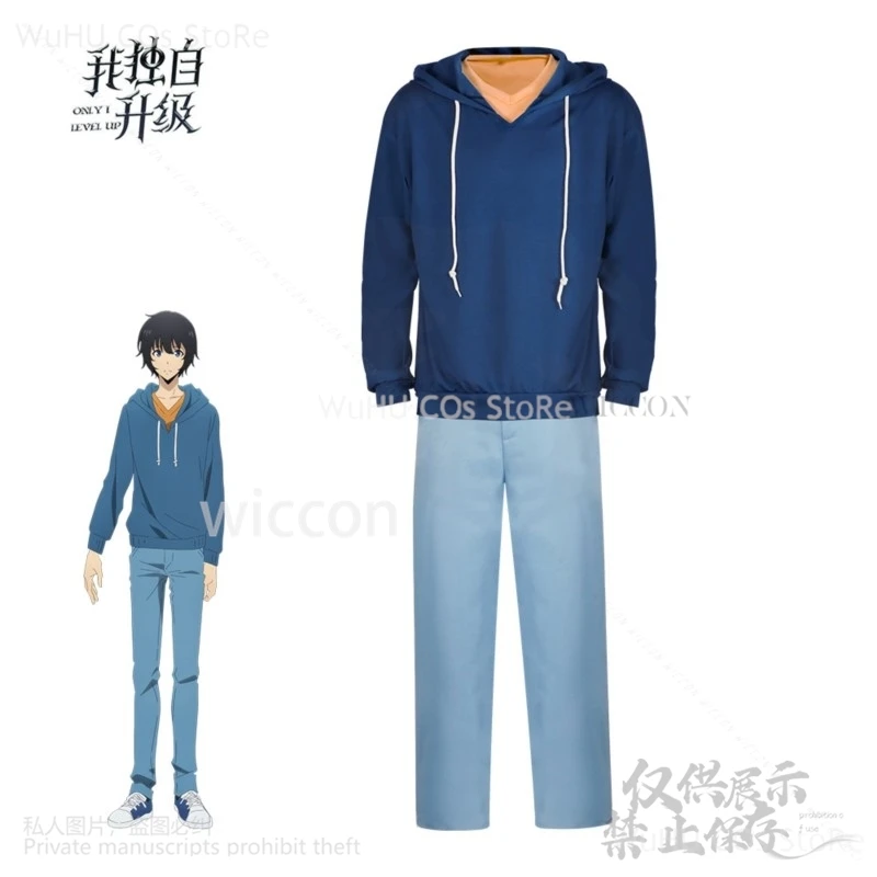 Anime Solo Leveling Sung Jin Woo 나 혼자만 레벨업 Cosplay Costume Blue Uniform Hoodie Suit Wigs For Halloween Christmas Cos