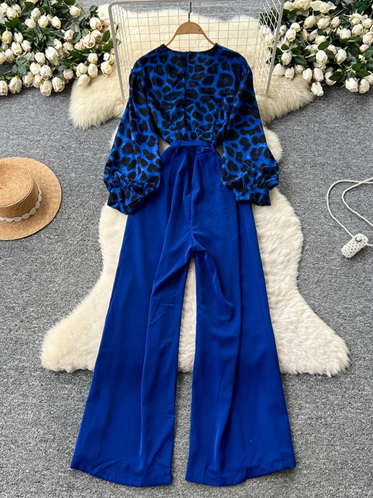 ربيع الخريف جديد الأوروبية الأمريكية ليوبارد طباعة بذلة المرأة فقاعة الأكمام عبر طوق واسعة الساق السراويل فضفاضة C392 #5