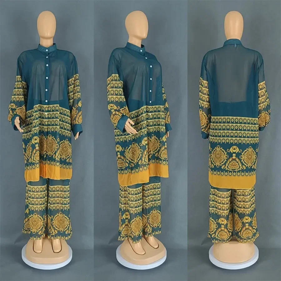 African Clothes for Women Summer 2024 Fashion African Long Sleeve Print Polyester 2 Piece Top Long Pant Matching Sets Outfits