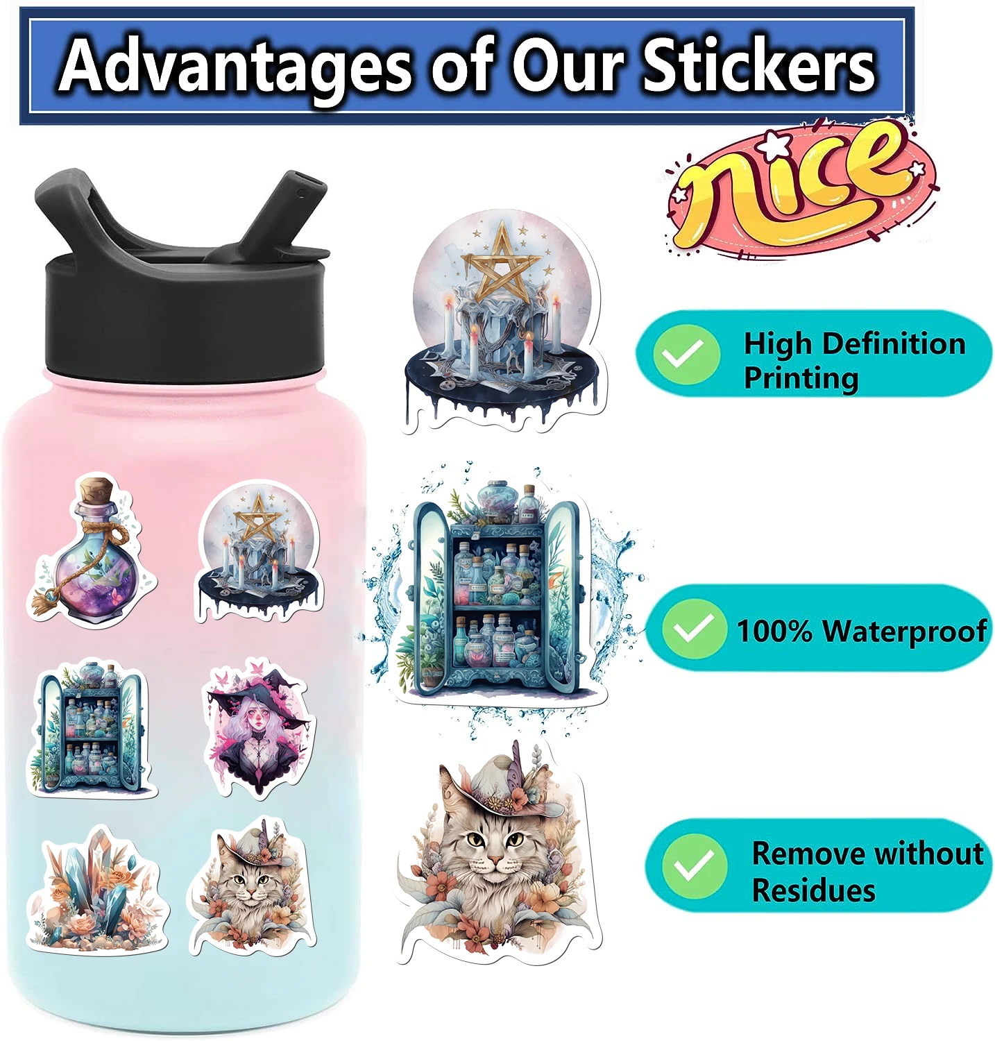 50/100pcs Pack Cartoon Witch Magic Sticker Vinyl Waterproof for Water Bottle Laptop Luggage Guitar Skateboard