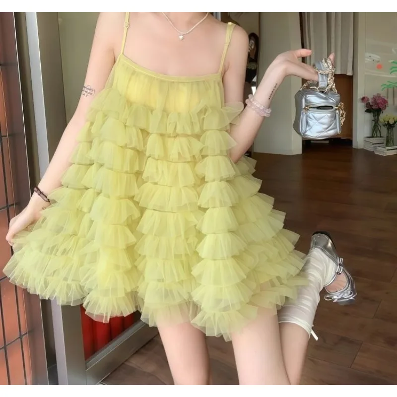 Vacation Wind Mesh Splicing Suspender Dress Women's 2025 Spring and Summer Sweet Skirt