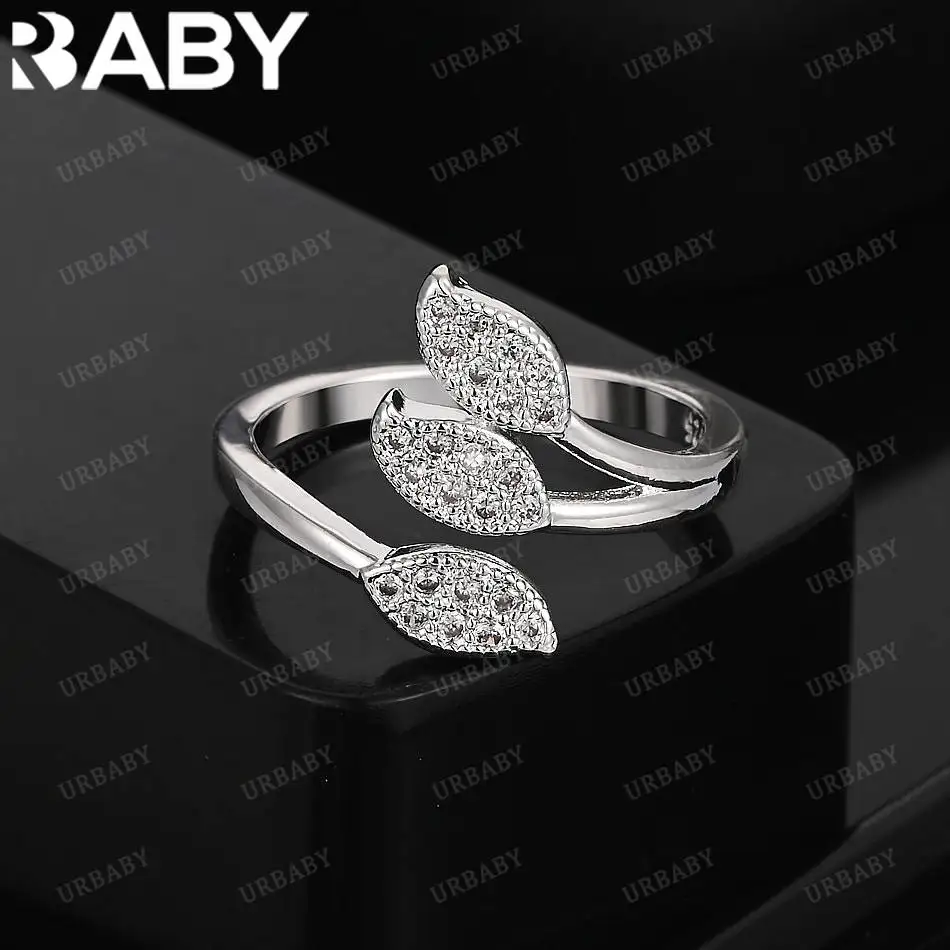 

URBABY 925 Sterling Silver Zircon Leaf Ring For Women Fashion Jewelry Vintage Grace Charm Noble Party Birthday Gifts