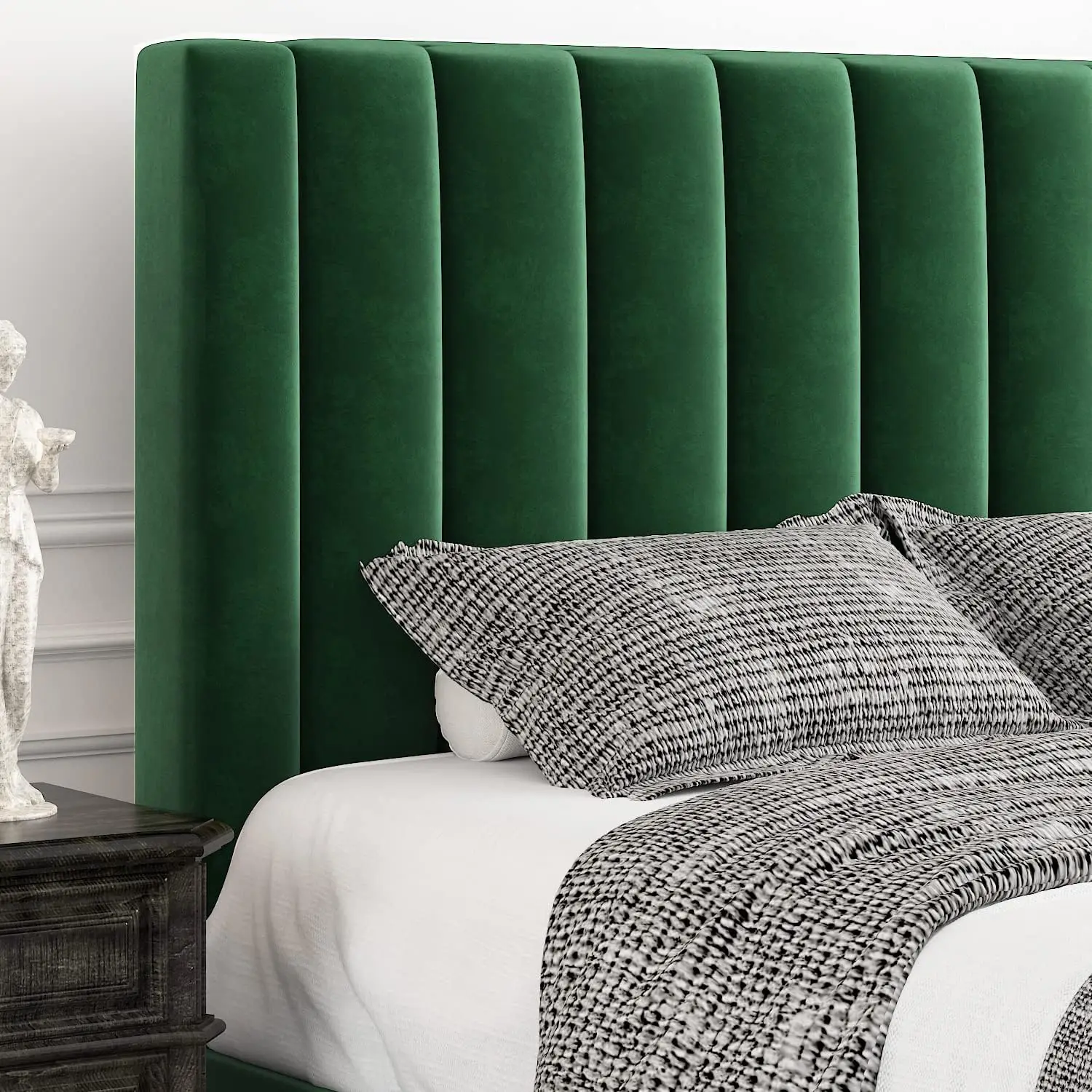 Bed Frame/Velvet Upholstered Bed Frame with Vertical Channel Tufted Headboard/Strong Wooden Slats