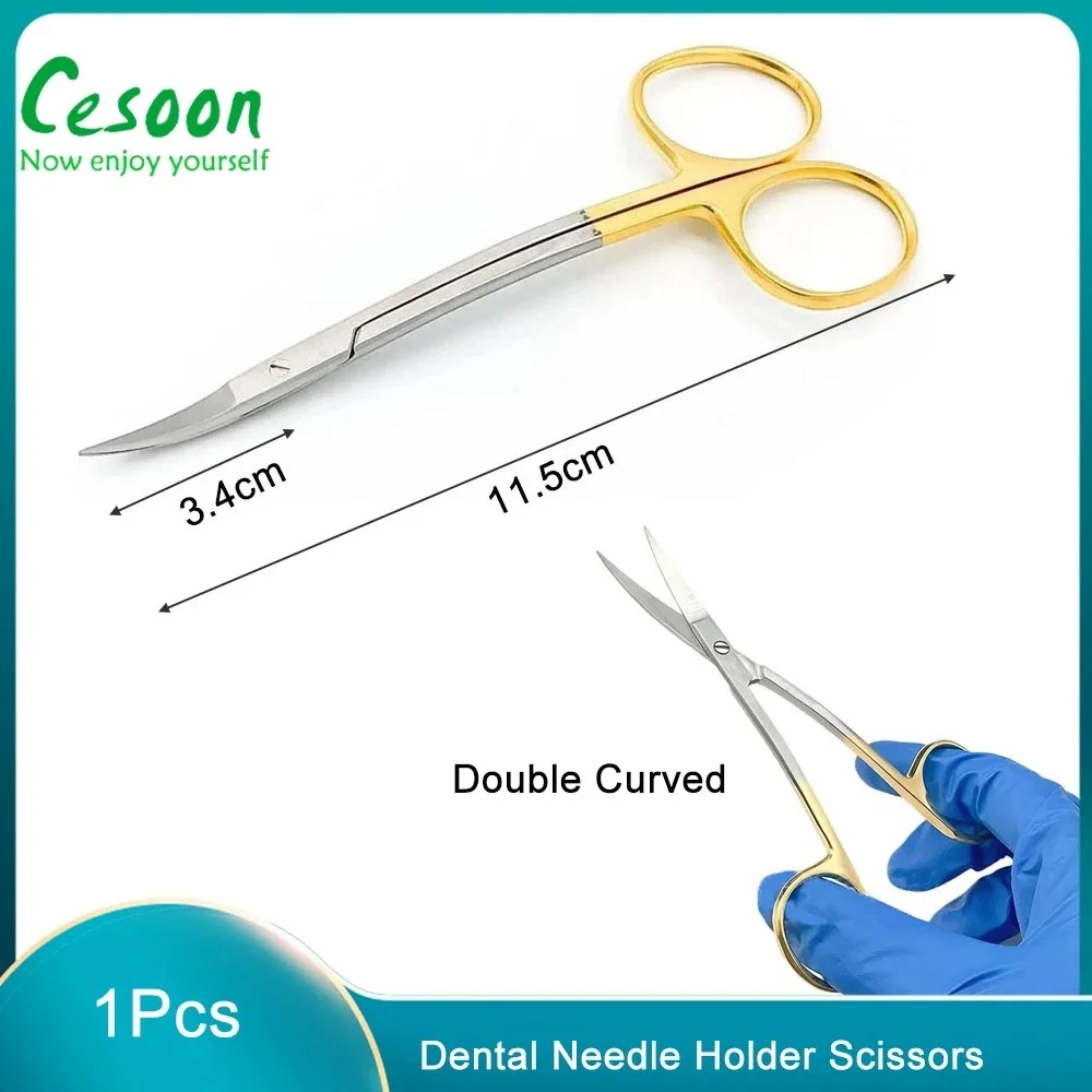 11.5CM Dental Surgical Double Curved S Scissors Gold Plated Handle Stainless Steel Dental Tools for Clinic Lab Instrument