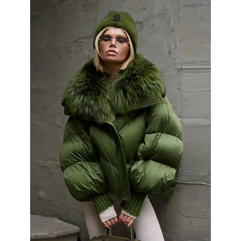 

Women's Green Quilted Jacket With Faux Fur Collar Fashion Lapel Long Sleeve Zipper Loose Coat Lady 2025 Warm Winter Outerwear