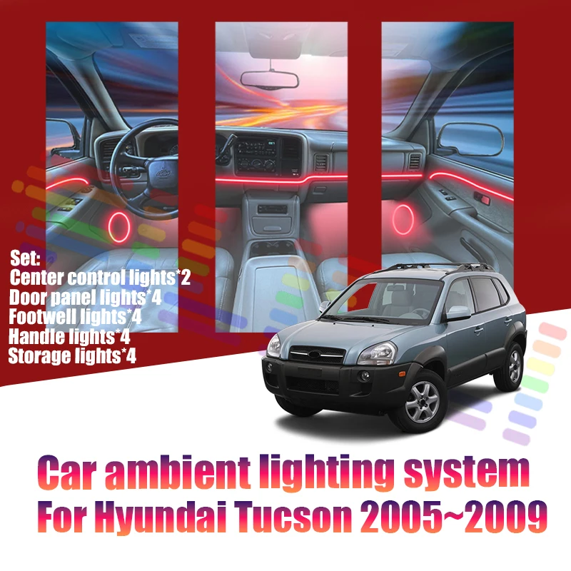 Luces LED Ambientales para Hyundai Tucson 2005~2009 JM MK1, Luces de Atmósfera Coloridas, Tira de Neón Interior para Auto, Iluminación RGB de 64 Colores