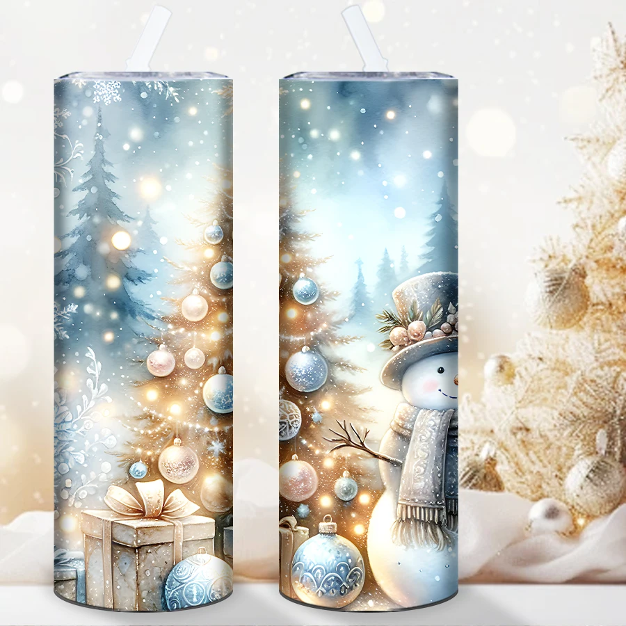 1Pc Christmas Water Mugs Straw Lid  20oz Stainless Steel Hot Cold Insulated Tumbler 3D Print Snowman Christmas Party Xmas Decors