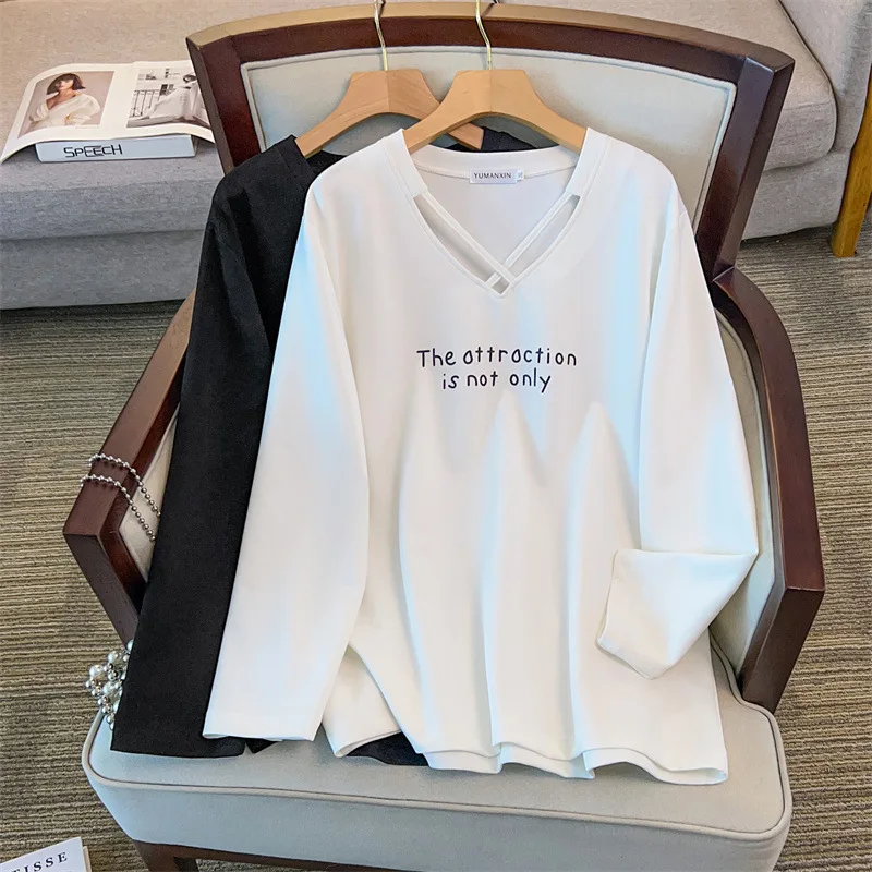 

175Kg Plus Size Women's Bust 170 Autumn Long Sleeved V-Neck Sweatshirt Letter Bottom Top Black White 4XL 5XL 6XL 7XL 8XL 9XL