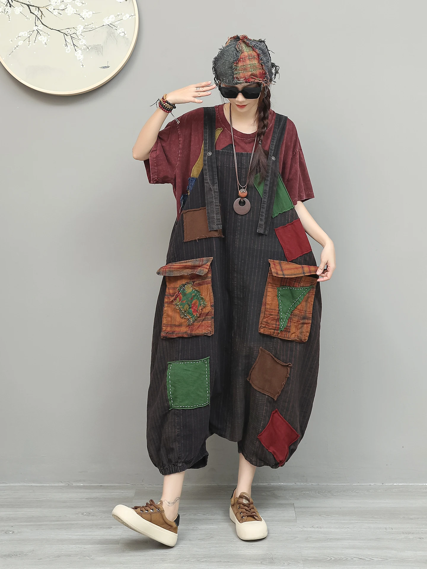 Unique Niche Style Distressed Vintage Fabric Patchwork Overalls Women High-waist Loose Sleeveless Jumpsuit ZXY090 - Image 3
