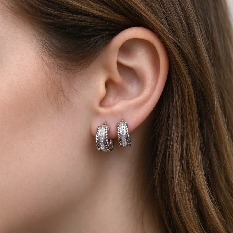 11.4mm Silver Half Hoop Earrings for Women,Twisted Cable Semi Circle Pave Cubic ZirconiaRow, Silver Tone Alloy Earrings Gold Post,Braided Texture Sparkling Stones, SecureBacking, Elegant Dainty Jewelry Gift for Her, DailyWear Office Party Date, Chic