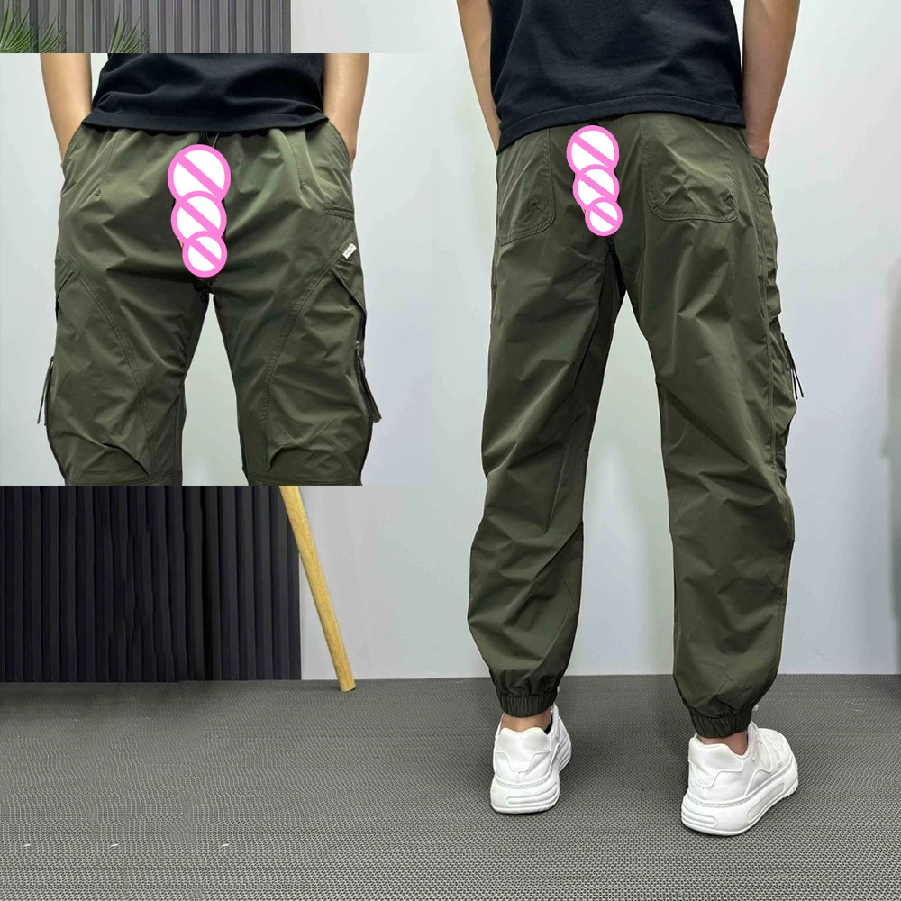 

Невидимые открытые промежности для уличного секса, летние экзотические комбинезоны для кемпинга, мужские свободные повседневные брюки большого размера с несколькими карманами и эластичной резинкой на талии