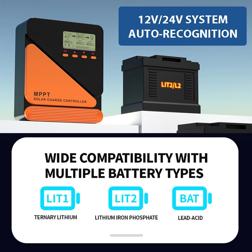 MPPT Solar Charge Controller 10A 20A 40A 60A PV Panel Charger Regulator 12V 24V Battery Auto Support Lithium Max 50V 100V PV