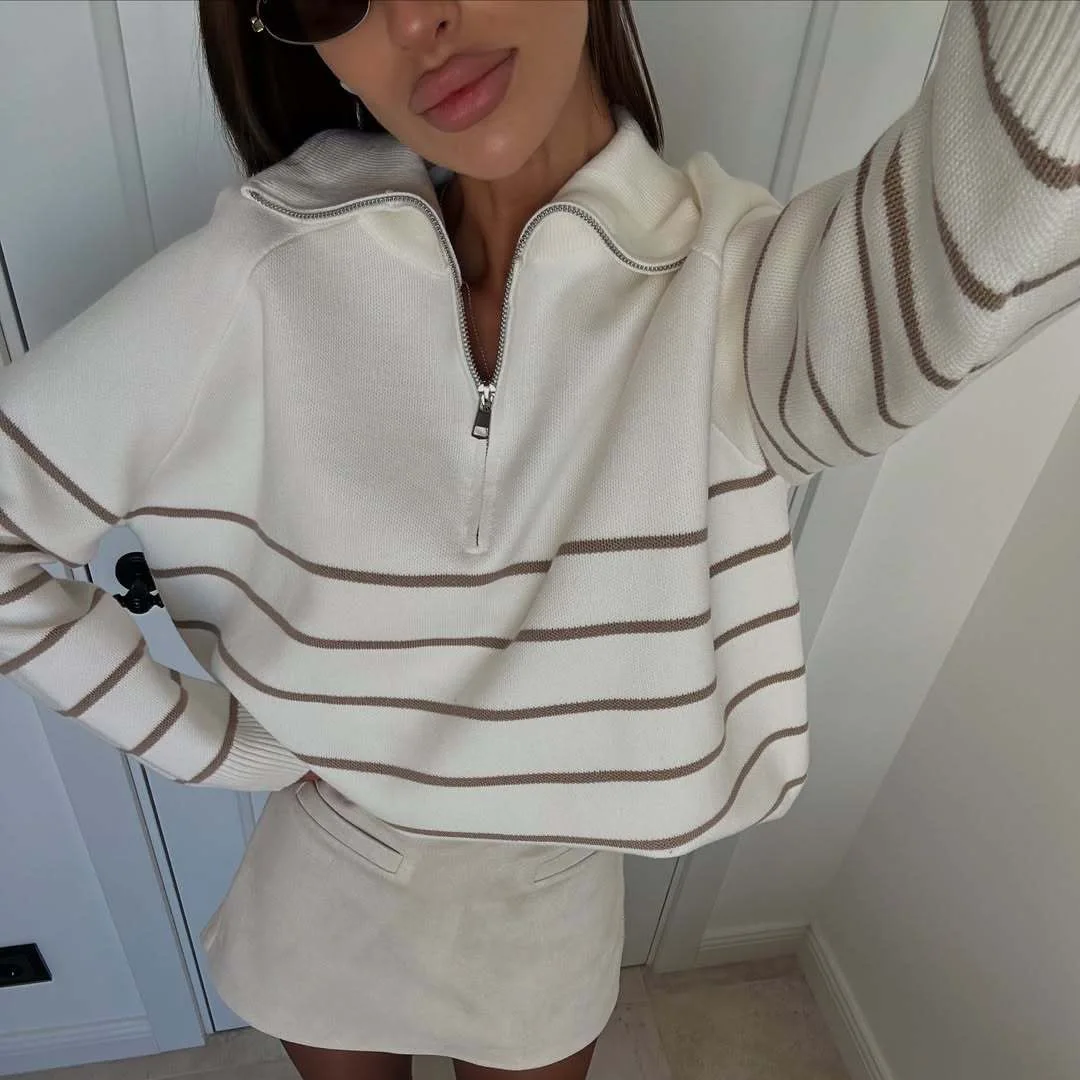 

2025 New Fashion Printed Zipper Knitted Sweater Women Autumn Casual Loose Retro Striped Lapel Long-sleeved Home Top For Women