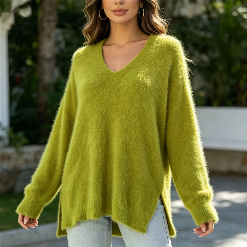 Ladies Women Autumn Winter Fashion Green Hairy Angora Rabbit Hair V-Neck Long Sleeves Split Loose Pullover Sweater Jumper Pull