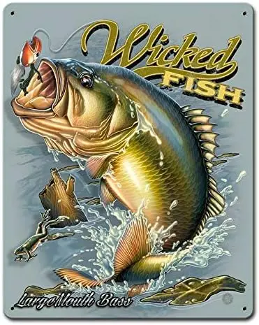 Tin Sign Vintage Chic Art Decoration Poster Wicked Fish Large Mouth Bass Fishing for Store Bar Home Cafe Farm Garage or Club