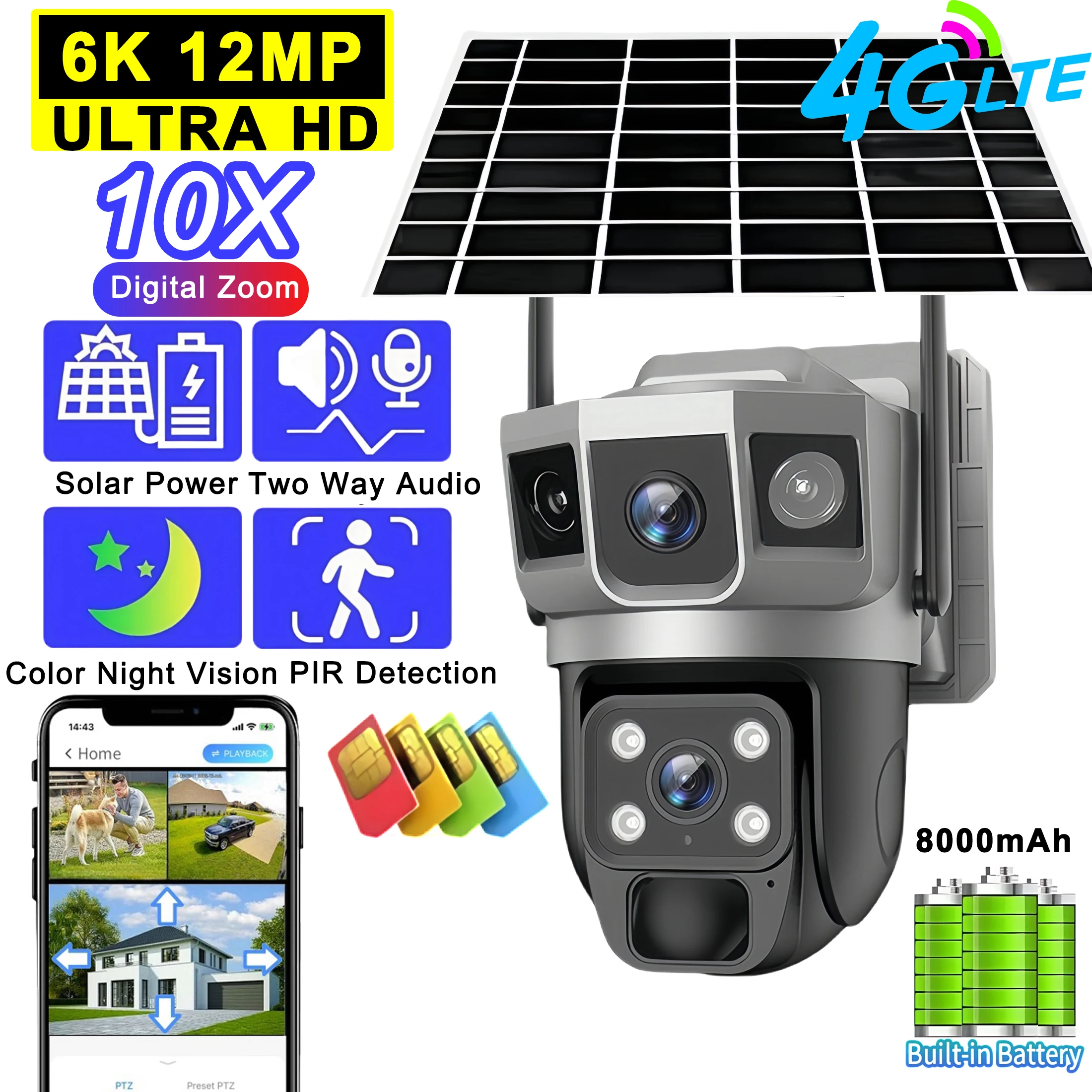 Telecamera di sicurezza solare 4G con app V380, 2 obiettivi, 3 schermi, per esterni, 12MP, PTZ, PIR, visione notturna a colori, sistema di telecamere a batteria impermeabile IP66, telecamere di