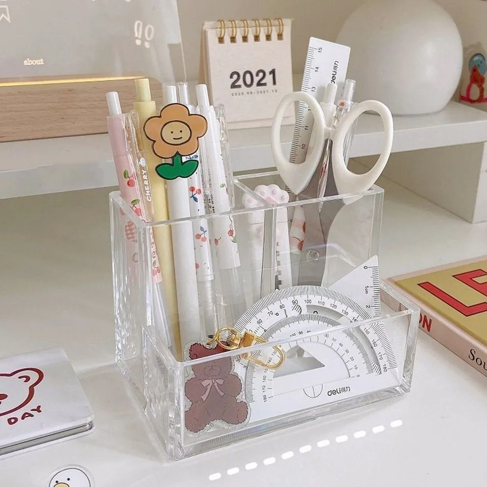 New Transparent Acrylic Pen Holder Square Three Grid Pencil Rack Stationery Large Capacity Makeup Shelf School