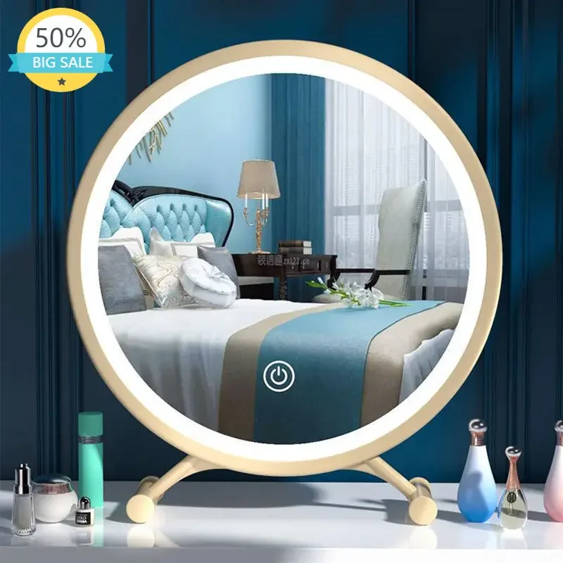 

Metal Frame Vanity Mirror Round Bedroom Large Electric Desk Makeup Mirror Led Light Espejo Maquillaje Bedroom Decoration Luxury