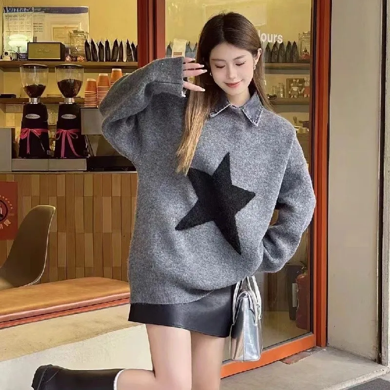 

Женский вязаный свитер с воротником средней длины с отложным воротником, искусственный комплект из двух частей, зимняя мода, повседневная удобная посадка