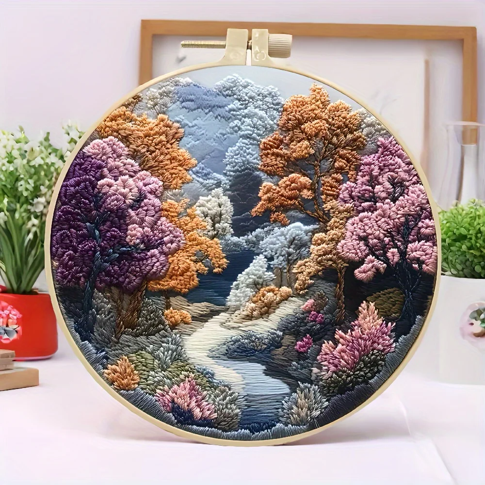 Beginners Hand Embroidery Kit - Mountain and Moon Landscape, Mixed Colors, Fabric Included - Perfect Handmade Gift