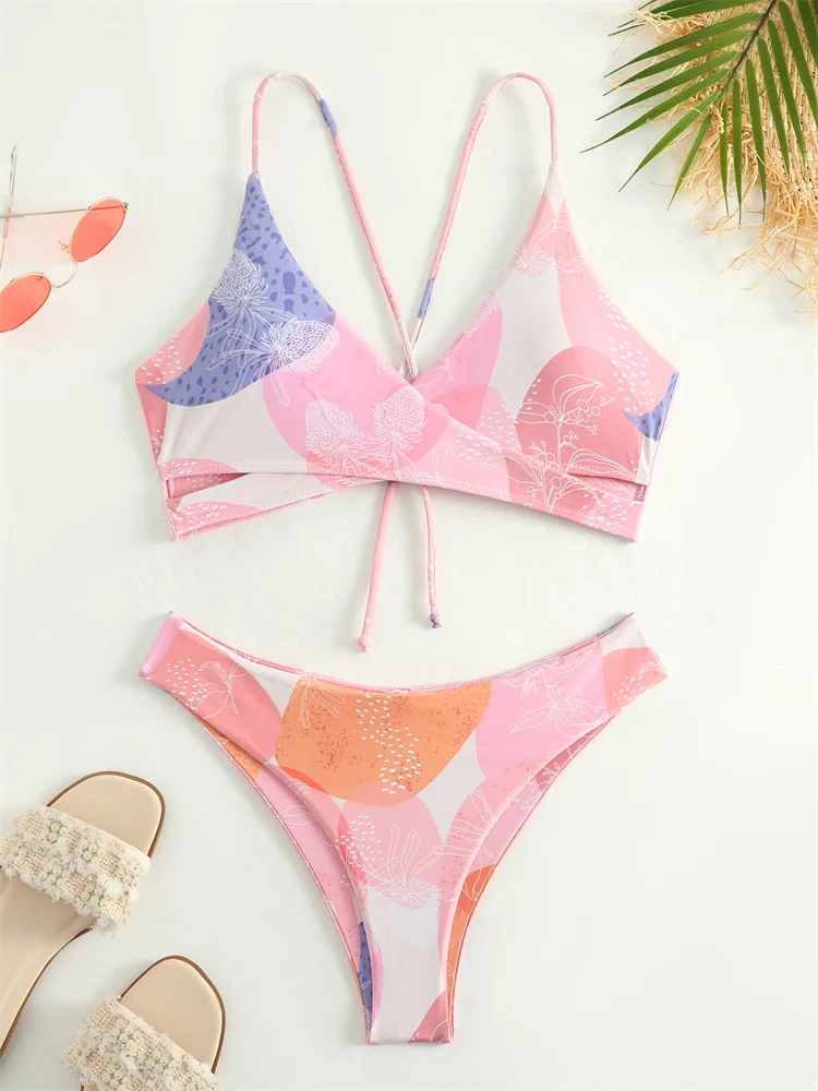 Bikini Swimsuit Women Push Up Swimwear 2024 New Print Lace Up Bikinis Set Sexy Thong Bathing Suit Female Summer Beach Two Piece