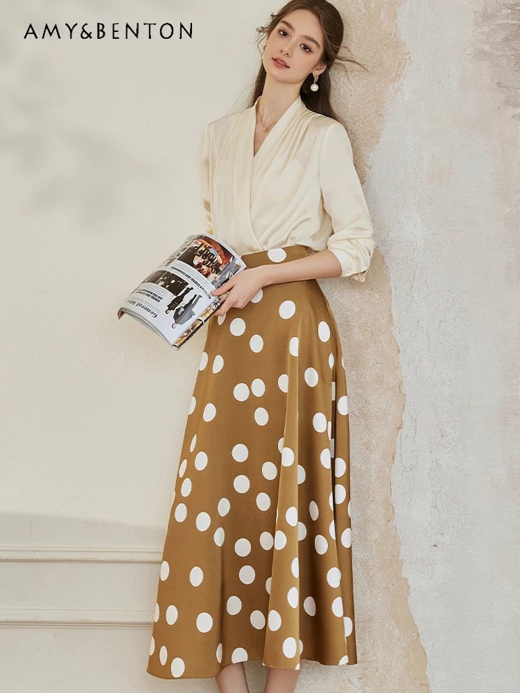 French Elegance Retro Dots Shirt Satin Skirt Two-Piece Sets Womens Outfits 2024 Spring New Graceful Fashion Slim Skirt Sets