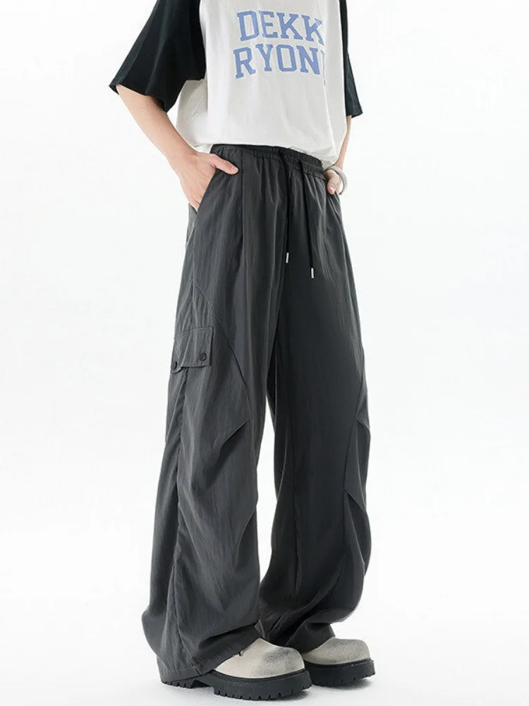 

Ice Silk Wide Leg Pants Men's Summer Thin Quick Dry Paratrooper Pants Pleated Functional Workwear Loose Fit Youthful Style