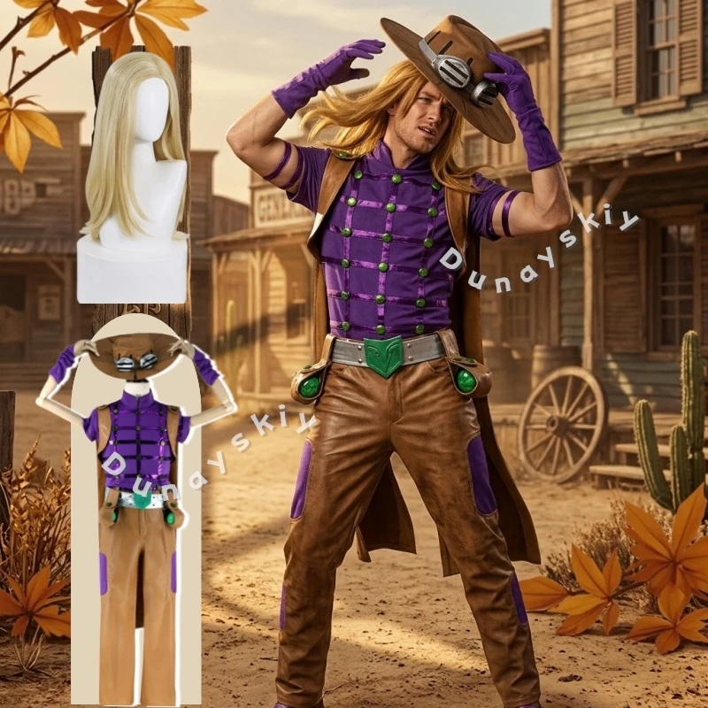 Neu eingetroffen: Gyro Zeppeli Cosplay-Kostüm mit Hut, Umhang, Brille und Gürtel – Anime JoJo's Bizarre Adventure SBR Halloween-Anzüge Unisex