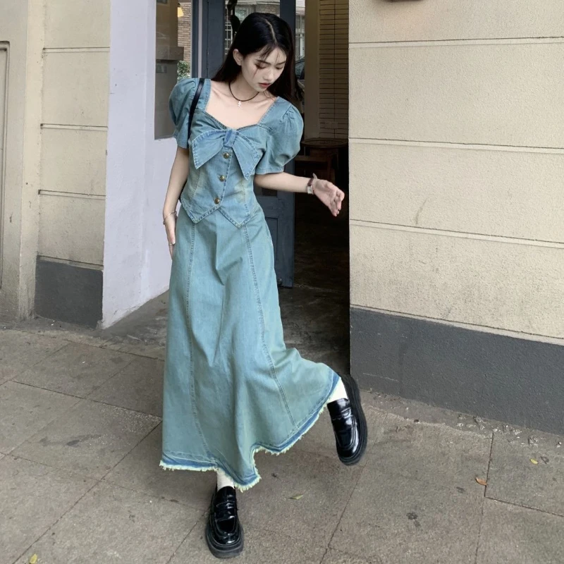 

Милый костюм, джинсовая рубашка с квадратным воротником и короткими рукавами, женская летняя длинная юбка в стиле ретро, костюм из двух предметов