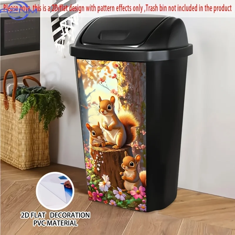 Squirrel Family Tree Stump Self-Adhesive Dustbin Stickers, PVC Trash Can Decorative Stickers, Wheelie Bin Stickers,  for Garde