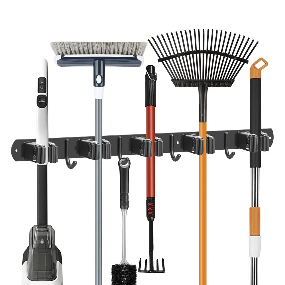 1 set composto da 5 ganci e 4 clip, portascopate da parete in acciaio inossidabile nero, senza necessità di forare, robusto supporto per utensili da cucina, garage e giardino, organizer salvaspazio