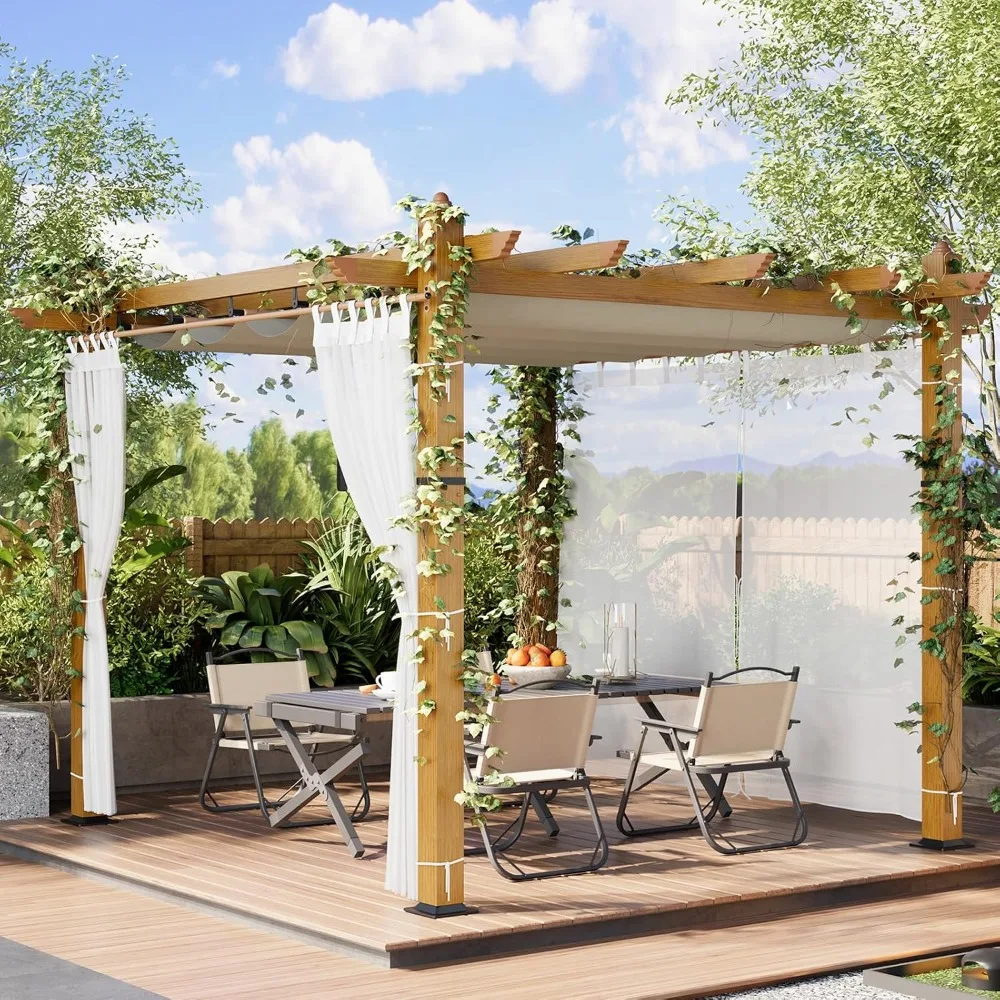 

10x10 Ft Outdoor Aluminum Pergola, Upgraded Faux Wood Grain Retractable Pergola with Adjustable Roof & Side Mesh Screen, Modern