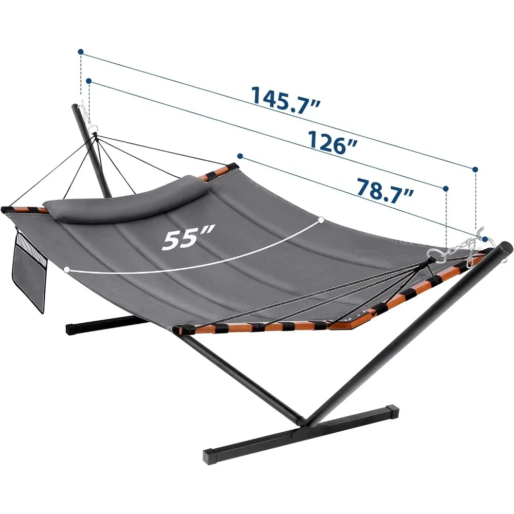 Hammock with Stand,Hardwood Spreader Bar & Nylon Rope, Extra Large Pillow, 450lbs Capacity, Double Hammock