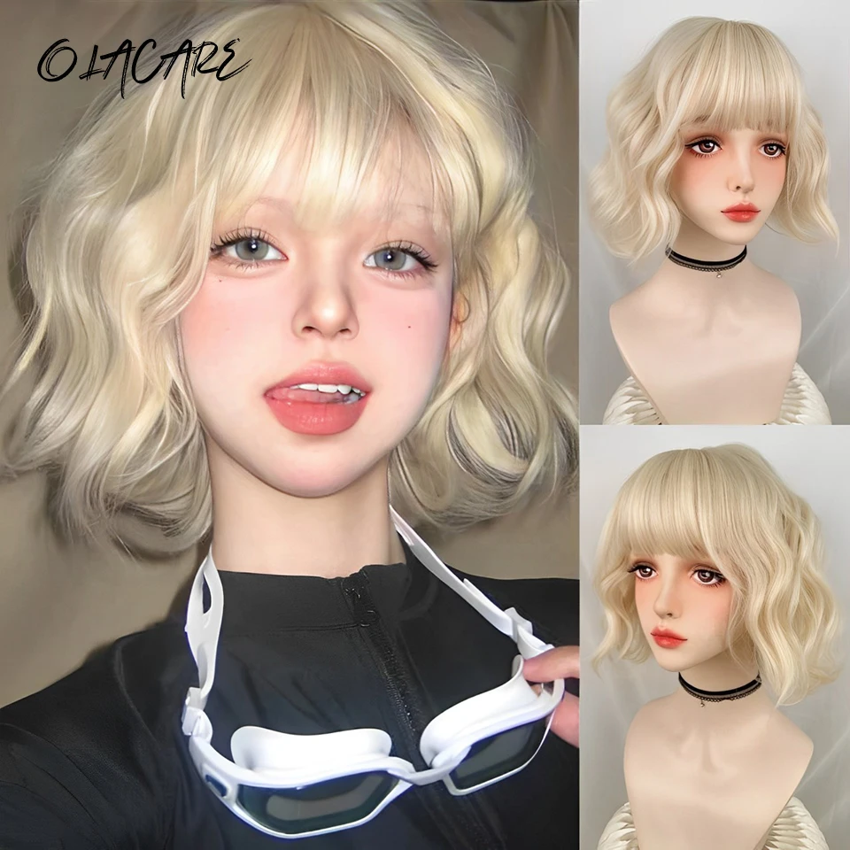 OLACARE Blonde Short Curly Bob Synthetic Wigs with Bangs Lolita Cosplay Wigs for Women Daily Party Cosplay Heat Resistant