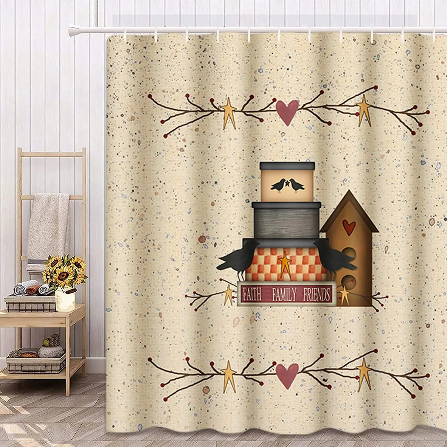 Shower Curtain Waterproof Polyester Fabric 72x72 inches Heart Primitive Faith Family Friends Country Pip Berry Birdhouse Set