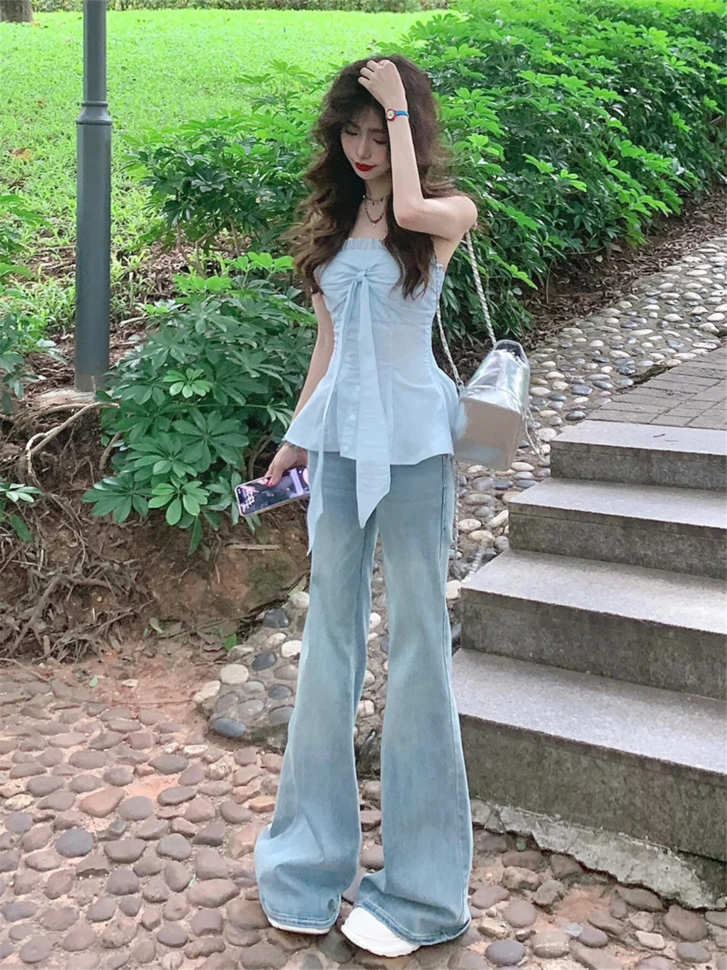 

Light Blue Loose Flared Jeans Women's Spring Autumn Casual Floor-Length Jeans Low Waist Cotton Soft Comfortable Casual Jeans