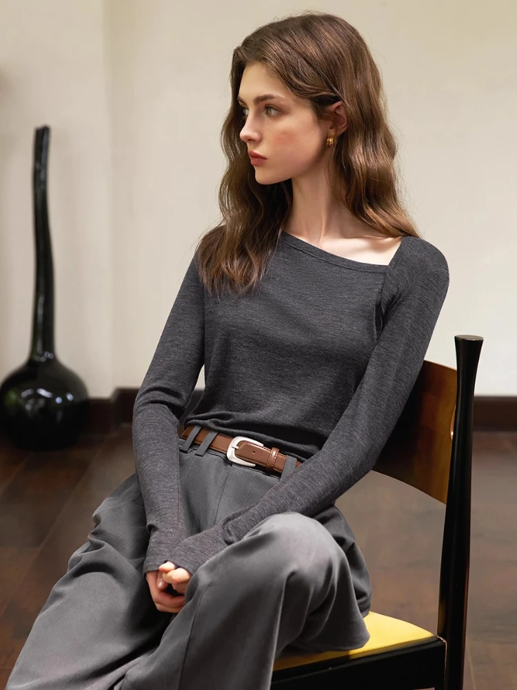 OLrain Women Elegant Tees 2025 New Autumn Solid Slim Fit Long-sleeved T-shirts Commute Asymmetrical Neck Female Tops O57QT95638