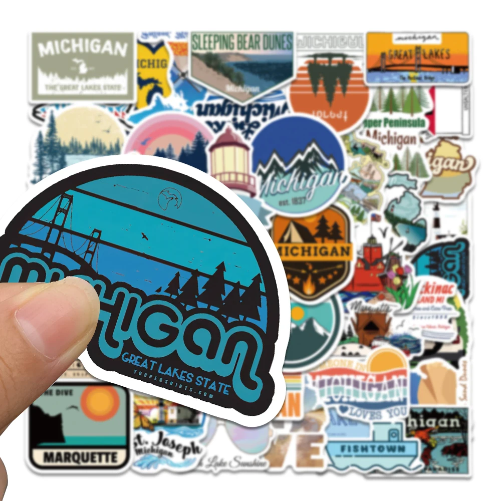 50pcs Travel Around The Michigan Stickers PVC Waterproof Stickers for Water Bottle Notebook Laptop Luggage Suitcases Kids Gifts