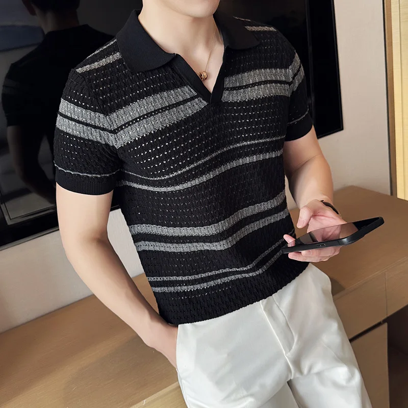 Men's slim fit Polo shirt, jacquard knit short sleeve shirt, T-shirt V-neck color-blocked Polo shirt, 2024 high quality, M-3XL.