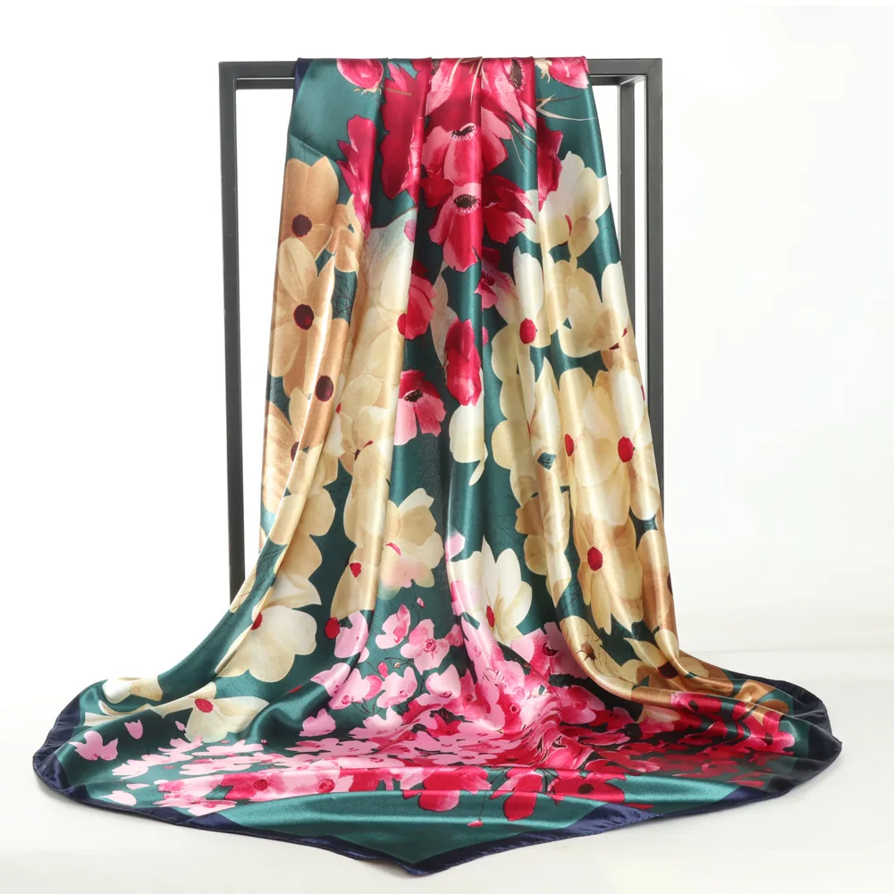 

90*90cm Square Silk Scarf Women Fashion Designer Beautiful flowers Foulard Soft Satin Shawl Kerchief Scarfs Neck Headscarf