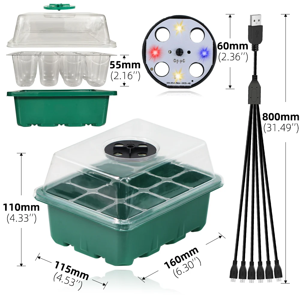 Garden Plant Seeding Starter Trays Kit with Grow Light Greenhouse Growing System Nursery Seed Germinator 12 Cells Planting Box