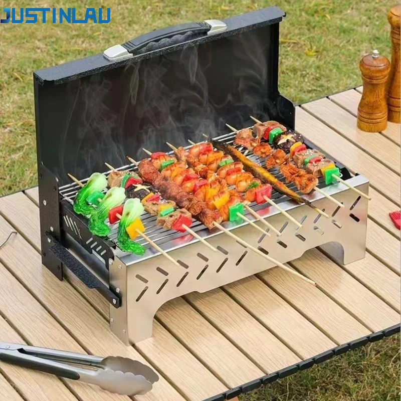 JUSTINLAU Tragbarer Grill aus Holzkohle, raffiniertes Eisen, multifunktionales, winddichtes Grillwerkzeug-Set für Kochen im Freien, Camping, Picknick