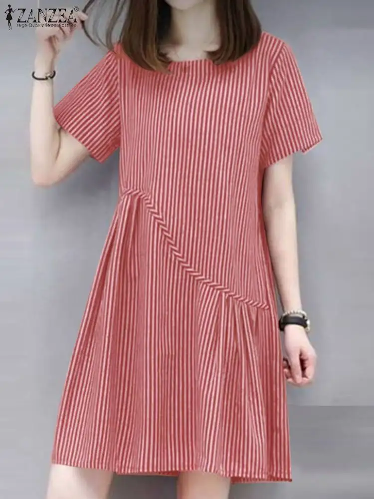 

ZANZEA Women Summer O Neck Short Sleeve Dress Robe Femme Elegant Work Vestidos Stylish Striped Knee-length Sundress Sarafans