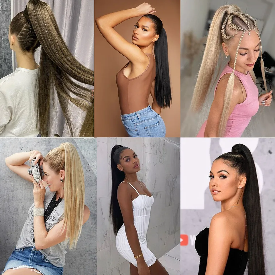 Extensión de cola de caballo larga lisa sintética de 24 pulgadas, pieza de cabello que envuelve la cola, extensiones y postizos 6