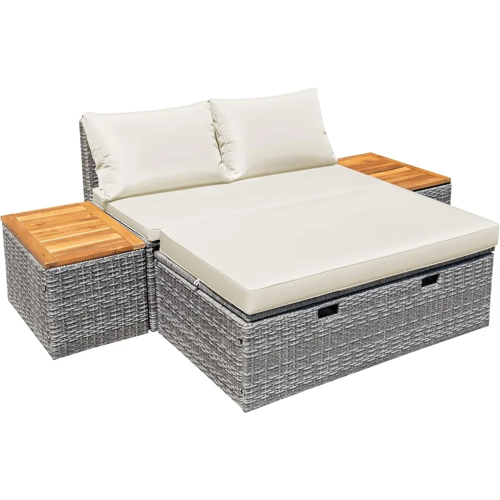 

Multi-Purpose Outdoor Patio Daybed Set with Rattan Lounge and Two Side Tables for Backyard, Poolside, and Lawn Areas
