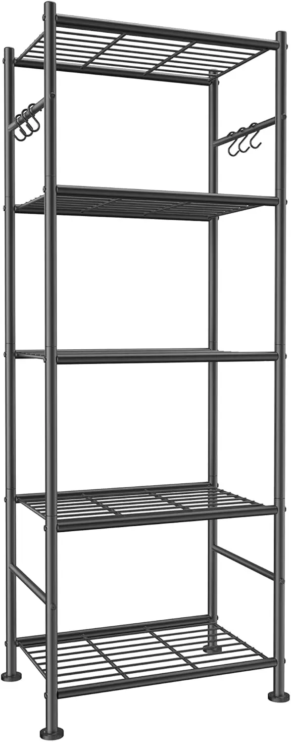 

5-Tier Heavy-Duty Storage Shelf with Hooks, Wobble-Free Garage Organizer, Black 18.1x12.4x56.8 Inches