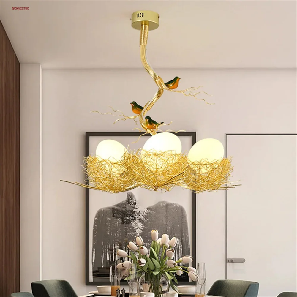 Country Style Golden Aluminum Bird'S Nest Led Chandeliers Dining Room Kitchen Loft Table Glass Metal Art Hanging Light Fixtures