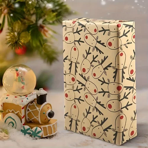 빈티지 순록 크리스마스 포장지 롤 크래프트 종이 선물 포장, 16.9 